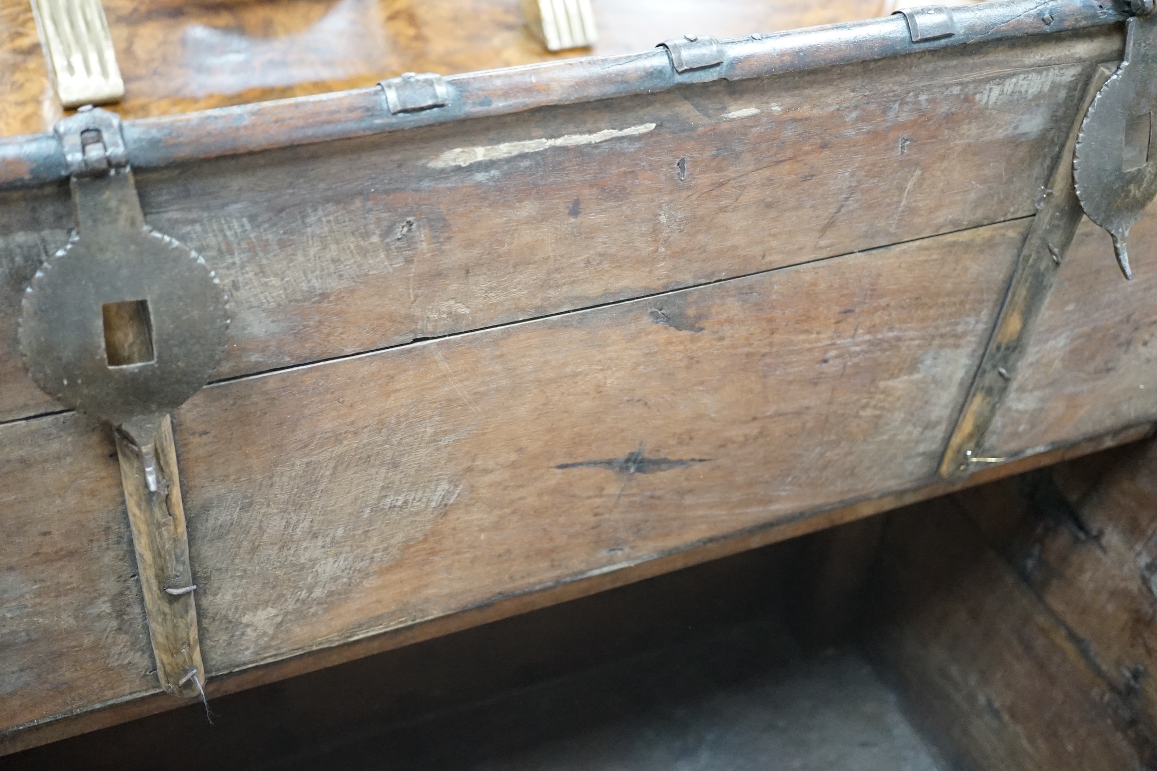 A 19th century Indian iron bound hardwood trunk, width 99cm, depth 64cm, height 70cm